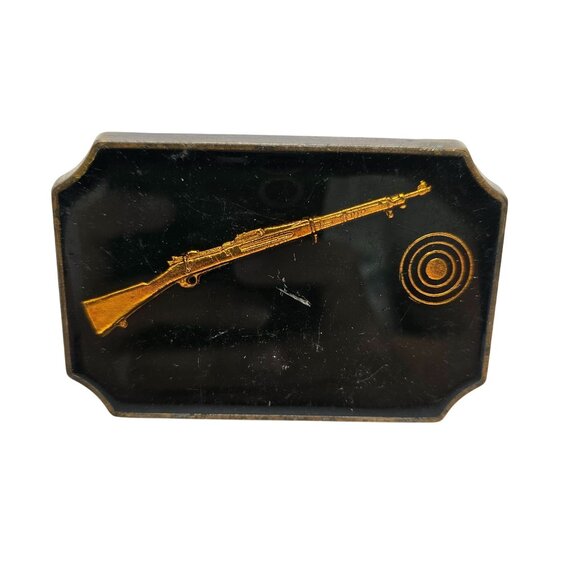 Decorative Rifle Target Metal Belt Buckle Gold & Black Vintage Design 3x2 Inches - Picture 1 of 7